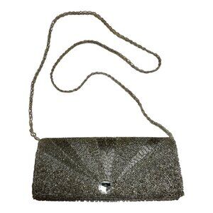 Bijoux Terner Silver Beaded Evening Bag – Rhinestone Accent, Beaded Chain Strap,